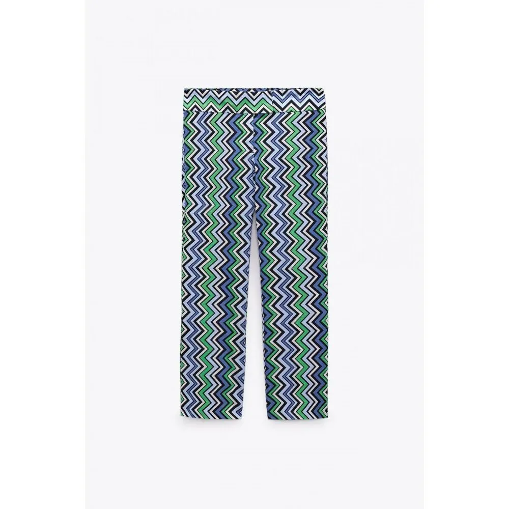 Zara Multicolor Chevron Printed Linen-Blend Cropped Straight Leg Pants (NWT)